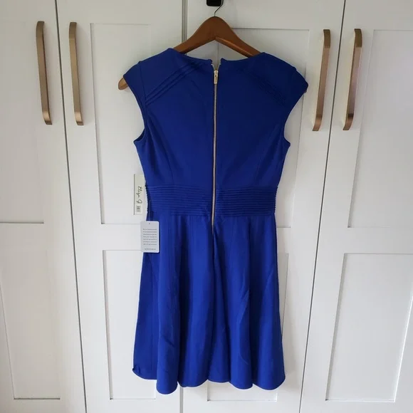 Eliza J Pintucked Waist Seamed Ponte Knit Fit & Flare Dress Blue Size 8 - Picture 3 of 11